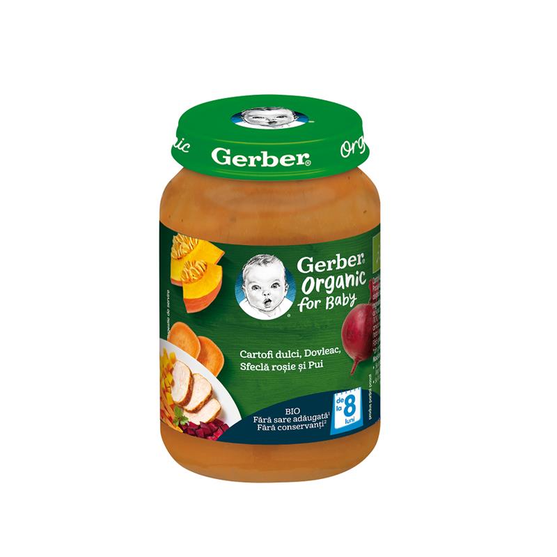 Piure bio din cartofi dulci, dovleac, sfecla rosie si pui, 8 luni, 190 gr, Gerber